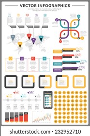 Big pack of data visualization vector infographics and design elements with business bar, charts, graph, diagrams and icon set for brochures, flyers and websites