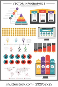 Big pack of data visualization vector infographics and design elements with business bar, charts, graph, diagrams and icon set for brochures, flyers and websites