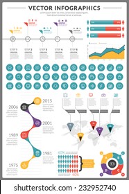 Big pack of data visualization vector infographics and design elements with business bar, charts, graph, diagrams and icon set for brochures, flyers and websites