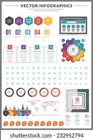 Big pack of data visualization vector infographics and design elements with business bar, charts, graph, diagrams and icon set for brochures, flyers and websites