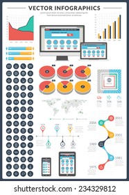 Big pack of data visualization vector infographics and design elements with business bar, charts, graph, diagrams and icon set for brochures, flyers and websites