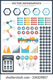 Big pack of data visualization vector infographics and design elements with business bar, charts, graph, diagrams and icon set for brochures, flyers and websites