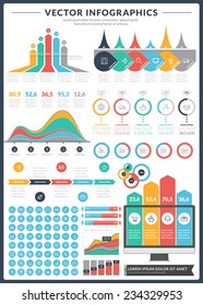 Big pack of data visualization vector infographics and design elements with business bar, charts, graph, diagrams and icon set for brochures, flyers and websites