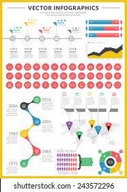 Big pack of data visualization vector infographics and design elements with business bar, charts, graph, diagrams and icon set for brochures, flyers and websites