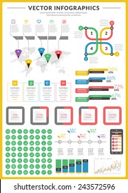 Big pack of data visualization vector infographics and design elements with business bar, charts, graph, diagrams and icon set for brochures, flyers and websites