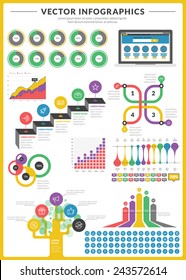 Big pack of data visualization vector infographics and design elements with business bar, charts, graph, diagrams and icon set for brochures, flyers and websites