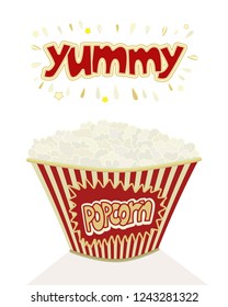 Big pack of popcorn. A tasty snack for watching tv. Popcorn air food. A bucket with red stripes filled with popcorn. Lettering word Yummy. Instant corn.