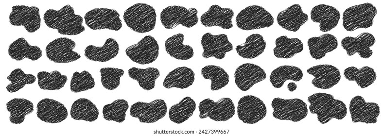 Big pack of scribble vector shapes. Pen paint element. Pencil brush or marker rought scratch organic blob. Vector grungy illustrations kit.