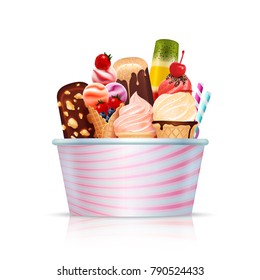 Big pack with various kinds of delicious ice cream on white background realistic vector illustration