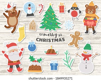 Big pack of vector Christmas stickers on wooden background. Traditional clipart. New Year collection with Santa Claus, deer, fir tree, present. Winter holiday flat style icons set
