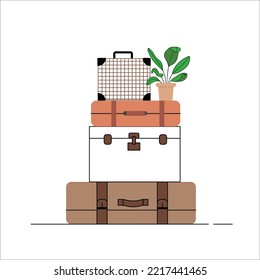 Big packed tightened baggage bags. Retro valise and trunks. For tourism, luggage, baggage, tour concept.Vector illustration in a cartoony style handdrawn on white background, icon, logo or clipart.
