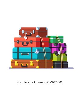 Big packed tightened baggage bags. Retro valise and trunks. Colorful flat style cartoon vector illustration.