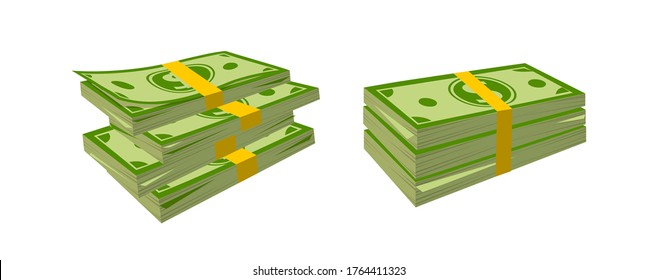 Big packs of money banknotes, flat cartoon. Neat cash heaps, bundled bank notes. Green dollars in various bundles, currency sign pack. Hundred dollar green paper bills. Isolated vector illustration