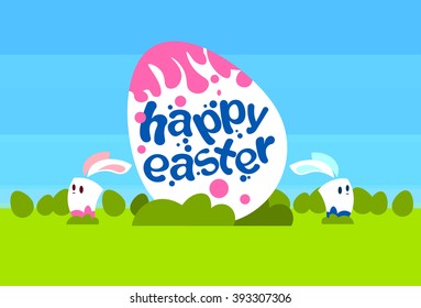 Big Painted Egg Happy Easter Holiday Rabbits Bunny Couple Spring Natural Background Blue Sky Green Grass Vector Illustration