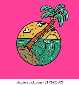 Big palm tree in the beach,on pink background
