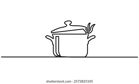 Big pan one continuous line drawing  isolated on white background, cooking and kitchen concept, Continuous one line drawing of big pan