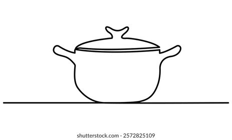 Big pan one continuous line drawing  isolated on white background, cooking and kitchen concept, Continuous one line drawing of big pan