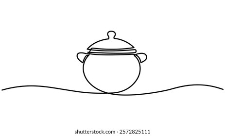 Big pan one continuous line drawing  isolated on white background, cooking and kitchen concept, Continuous one line drawing of big pan