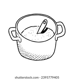 Big pan with soup and spoon icon. Kitchenware illustration isolated on white background. Outline web cooking icon. Hand drawn Cooking Process vector illustration.
