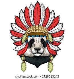 Big panda, bamboo bear portrait. Indian headdress with feathers. Boho style.