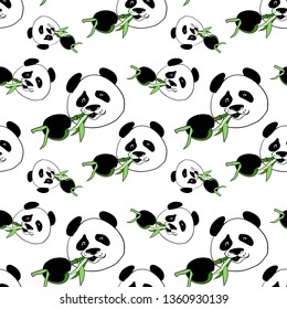 Big panda bear, eating a green bamboo shoot, cute kind cartoon character, color seamless pattern, for fabric or packaging design, for children, vector