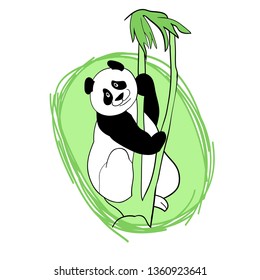 Big panda, bear, in the thickets of plants, cute kind cartoon character, on a green asymmetric background, like a logo, to illustrate articles about nature and animal welfare, vector