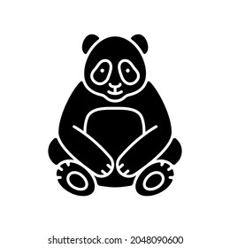Big panda black glyph icon. Traditional chinese animal. Beijing zoo mascot. Endangered species protection. Wildlife, zoology. Bear sit. Silhouette symbol on white space. Vector isolated illustration
