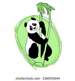 Big panda, in green thickets of plants on an asymmetric background like a logo, cartoon kind character, to illustrate articles on nature and animal welfare, graphic drawing, vector