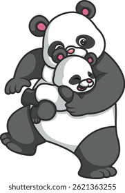Big panda holding a crying little panda