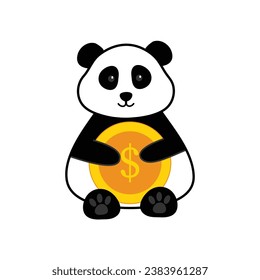 Big panda illustration holding a coin. Flat illustration of a panda coin