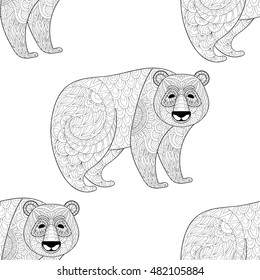 Big Panda seamless pattern. Freehand ethnic sketch for adult coloring book with doodle elements. Ornamental artistic vector illustration for tattoo, t-shirt print. Animal collection.