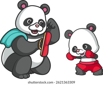 Big panda teaches little panda boxing of illustration