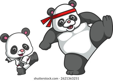 Big panda teaches little panda self-defense by kicking of illustration