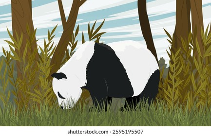 A big panda walks through the forest. Asian animals. Realistic vector landscape