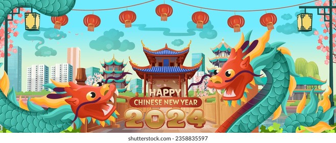 Big Panorama chinese street with old houses, chinese arch, lanterns and a garland and chinese dragon, symbol of 2024. zodiac symbol Flying dragons.
