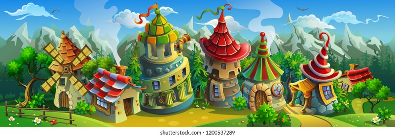 A big panorama of  fairytale village with colorful houses and a mill. Vector illustration for design.