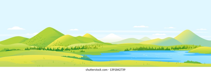 Big panorama of fields and meadows with spruce forest around mountain lake in valley, summer countryside with green hills and river, summer sunny glades illustration