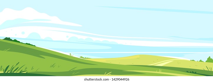 Gran panorámica de campos y prados, campo de verano con colinas verdes, soleados cristales de verano con hierbas de campo y cielo azul, ilustración del concepto de viaje