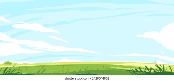 Big panorama of green lawn, summer sunny glades with field grasses and blue sky, travel landscape illustration