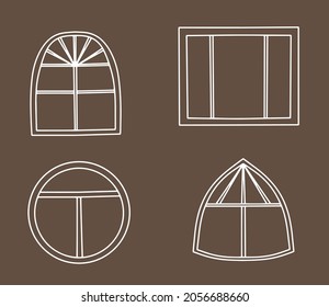 Big Panoramic Window And Beautiful, Collection Of Windows For Princesses. Cute Windows For Houses. Vector Illustration In Modern Doodle Style