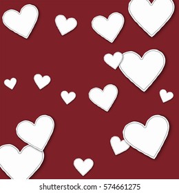 Big paper hearts. Scattered pattern on wine red background. Vector illustration.