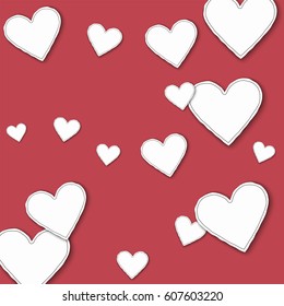 Big paper hearts. Scattered pattern on crimson background. Vector illustration.