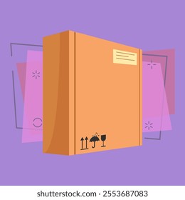 Big paper package cartoon illustration. Carton box with keep dry, fragile and side up symbols. Cardboard box concept. Vector illustration can be used for topics like delivery, shipping, parcel