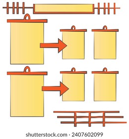 Big paper page with hanger linked to smaller paper page with an arrow; can be used in planning and  education to represent calculations; 