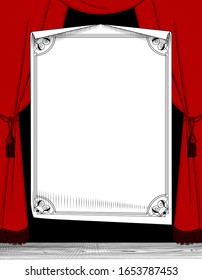 Big paper sheet with a decorative frame against a red curtain in old style. Retro design element. Vintage engraving stylized drawing. Vector illustration