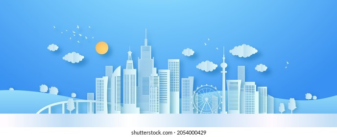 Big papercut city landscape illustration with modern  architecture skyscraper tower and urban buildings. Sunny day panorama of downtown cityscape in 3d paper cut art style.