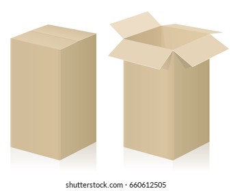 Big parcel - closed and opened - brown strong cardboard - isolated vector illustration on white background.