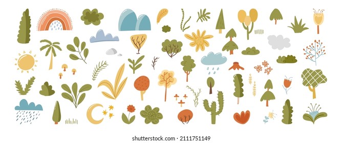 Big park plants flat clipart collection isolated on white. Forest tree, tropical nature, botanical set vector illustration. Wild flowers, Scandinavian woodland, cartoon branch, herb leaves 