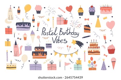 Big pastel birthday clipart collection. Hand drawn doodle set with cakes, candles, cats in party hats, balloons, gifts, cupcakes, and fun party elements. Perfect for kids designs, party invites
