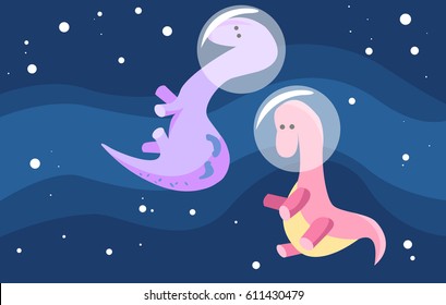 Big pastel pink and purple flying dinosaurs with space helmets in deep blue space galaxy with stars.Simple vector kids illustration for toddlers and children.Galactic landscape background.Happy animal